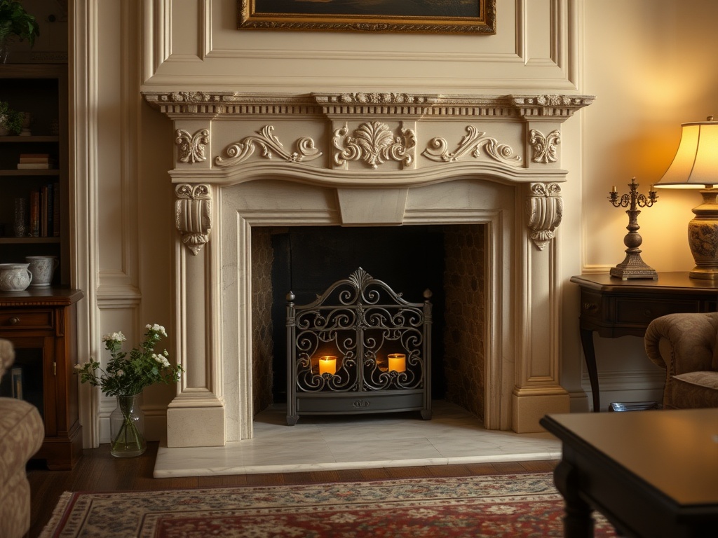 Richly decorated hearth element showcasing classical Victorian craftsmanship