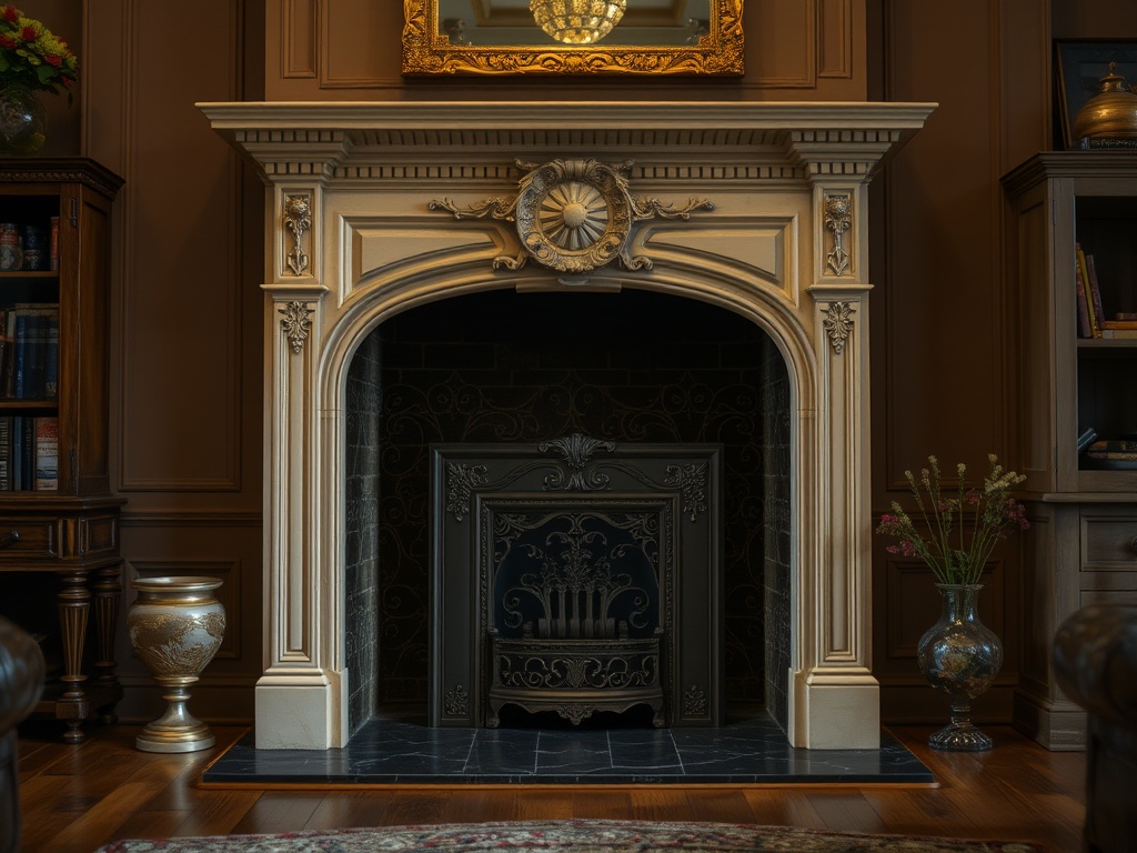 Exquisite detail of a gold-accented fireplace panel motif